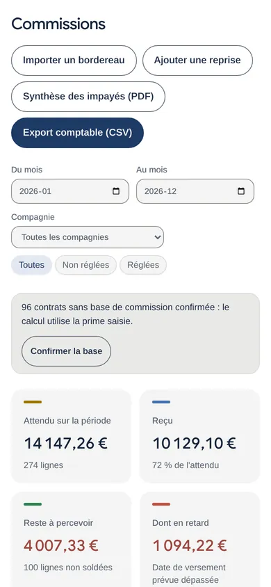 Suivi des commissions dans VotreCRM, sur un téléphone.