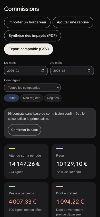 Suivi des commissions dans VotreCRM, sur un téléphone.