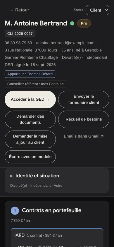 Fiche client dans VotreCRM, sur un téléphone.